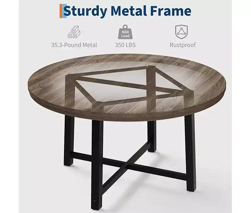 Table à manger ronde pour 4 personnes - Table à dîner circulaire de 47" en bois avec cadre métallique, Meuble de cuisine et de salle à manger de style rustique pour la maison