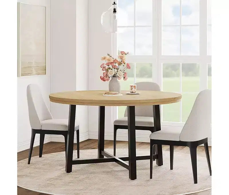Table à manger ronde pour 4 personnes - Table à dîner circulaire de 47" en bois avec cadre métallique, Meuble de cuisine et de salle à manger de style rustique pour la maison