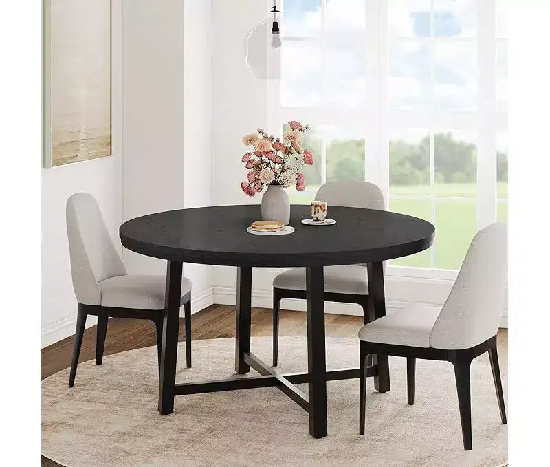 Table à manger ronde pour 4 personnes - Table à dîner circulaire de 47" en bois avec cadre métallique, Meuble de cuisine et de salle à manger de style rustique pour la maison
