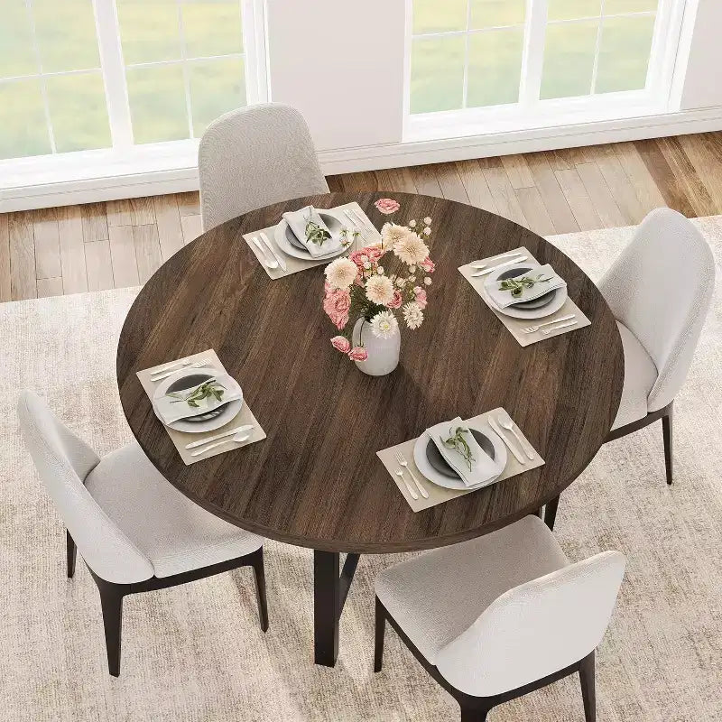 Table à manger ronde pour 4 personnes - Table à dîner circulaire de 47" en bois avec cadre métallique, Meuble de cuisine et de salle à manger de style rustique pour la maison