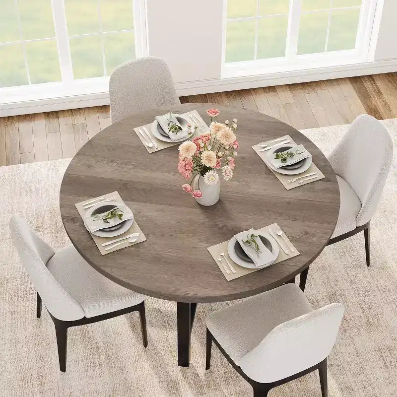 Table à manger ronde pour 4 personnes - Table à dîner circulaire de 47" en bois avec cadre métallique, Meuble de cuisine et de salle à manger de style rustique pour la maison