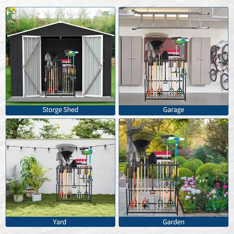 Organisateur d'outils de jardin de 73 cm, support de rangement à 2 niveaux pour outils de jardin, supports en acier pour outils de jardin pour ranger les outils à long manche, support d'outils de garage, porte-outils