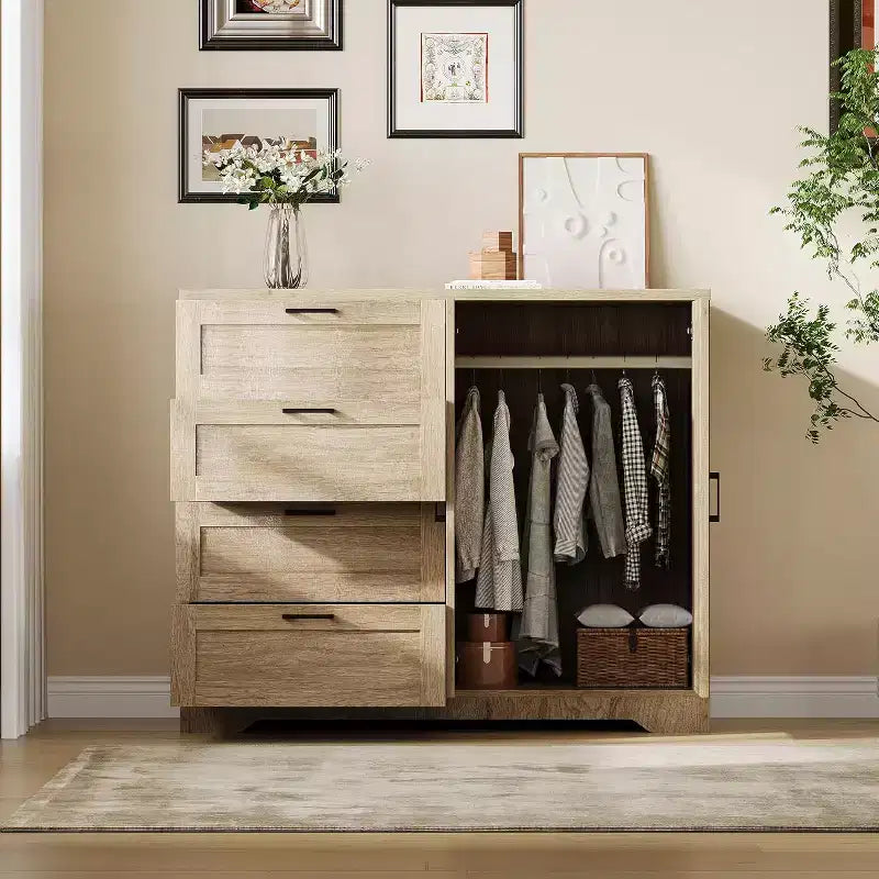 Placard Armoire avec 4 tiroirs et une tringle de suspension, Armoire de rangement de 43,3 po avec portes doubles pour l'organisation des vêtements de chambre