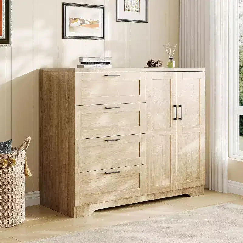 Placard Armoire avec 4 tiroirs et une tringle de suspension, Armoire de rangement de 43,3 po avec portes doubles pour l'organisation des vêtements de chambre