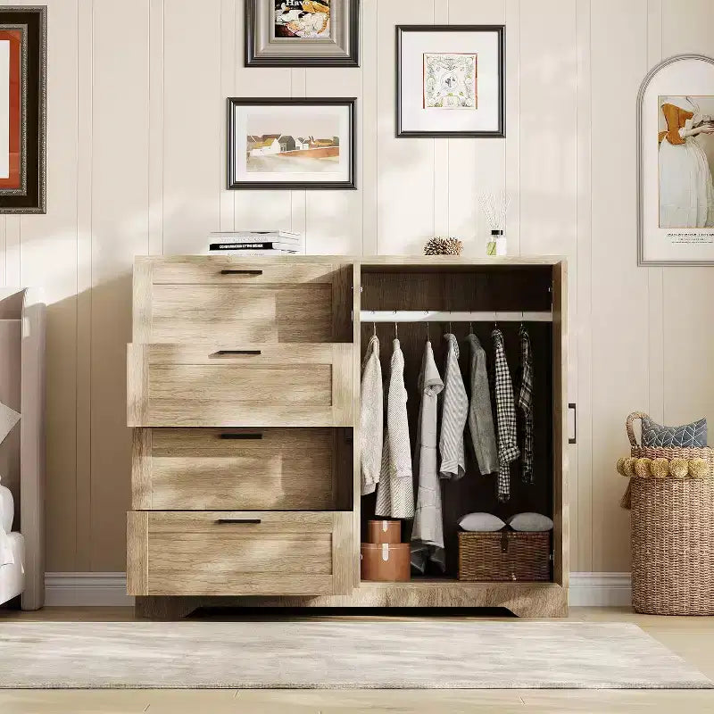 Placard Armoire avec 4 tiroirs et une tringle de suspension, Armoire de rangement de 43,3 po avec portes doubles pour l'organisation des vêtements de chambre