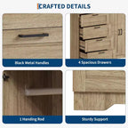 Placard Armoire avec 4 tiroirs et une tringle de suspension, Armoire de rangement de 43,3 po avec portes doubles pour l'organisation des vêtements de chambre
