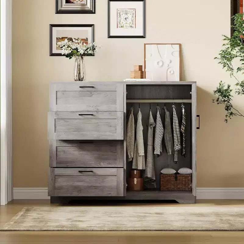 Placard Armoire avec 4 tiroirs et une tringle de suspension, Armoire de rangement de 43,3 po avec portes doubles pour l'organisation des vêtements de chambre