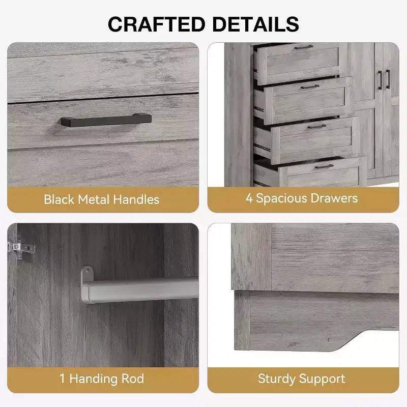 Placard Armoire avec 4 tiroirs et une tringle de suspension, Armoire de rangement de 43,3 po avec portes doubles pour l'organisation des vêtements de chambre