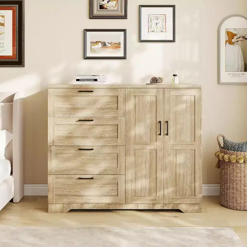 Placard Armoire avec 4 tiroirs et une tringle de suspension, Armoire de rangement de 43,3 po avec portes doubles pour l'organisation des vêtements de chambre