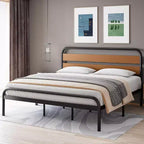 Mid-Century Modern King Bed Frame, Metal Platform with Wood Tone Headboard, No Box Spring Needed Quiet Design for Bedroom,Brown