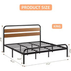 Cadre de lit King Size Mid-Century Moderne, Plateforme en métal avec Tête de lit imitation bois, Aucun sommier tapissier requis, Design silencieux pour Chambre à coucher, Marron