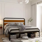 Cadre de lit King Size Mid-Century Moderne, Plateforme en métal avec Tête de lit imitation bois, Aucun sommier tapissier requis, Design silencieux pour Chambre à coucher, Marron
