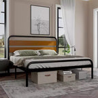 Cadre de lit King Size Mid-Century Moderne, Plateforme en métal avec Tête de lit imitation bois, Aucun sommier tapissier requis, Design silencieux pour Chambre à coucher, Marron
