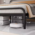 Cadre de lit King Size Mid-Century Moderne, Plateforme en métal avec Tête de lit imitation bois, Aucun sommier tapissier requis, Design silencieux pour Chambre à coucher, Marron
