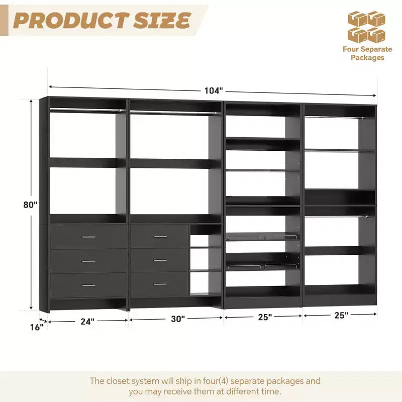 Besiost Lot de 4 systèmes de rangement pour placard avec tiroirs en bois, armoire autoportante de 264 cm avec porte-chaussures et tringles de suspension