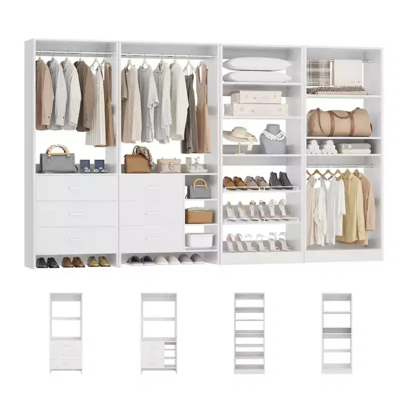 Besiost Lot de 4 systèmes de rangement pour placard avec tiroirs en bois, armoire autoportante de 264 cm avec porte-chaussures et tringles de suspension