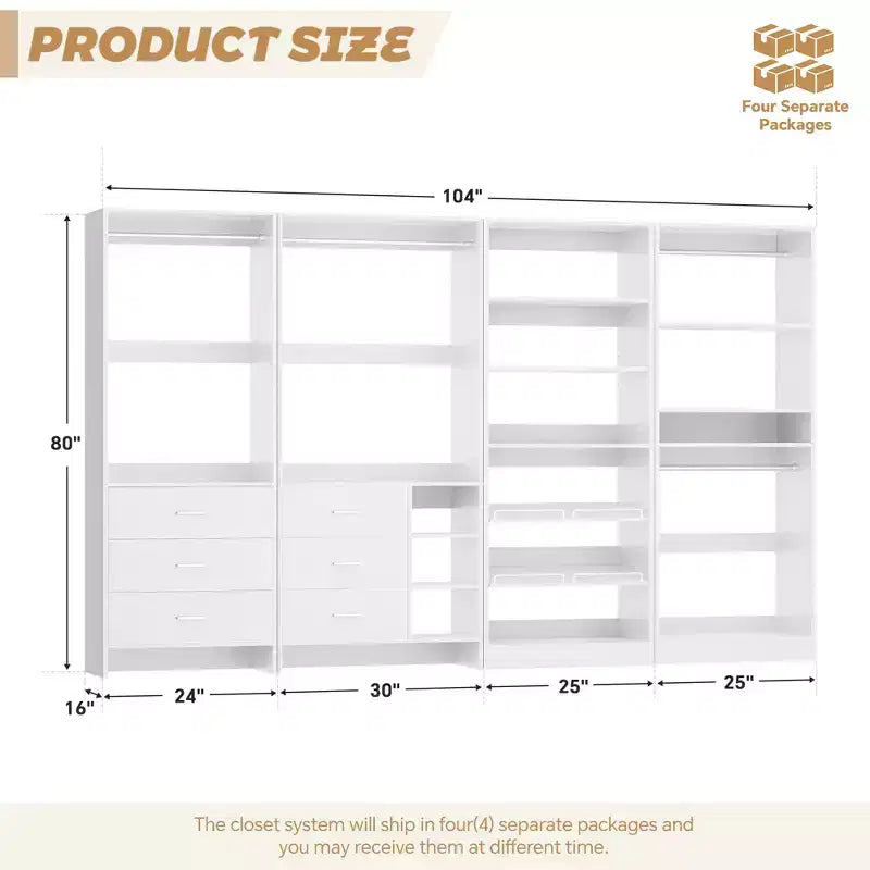 Besiost Lot de 4 systèmes de rangement pour placard avec tiroirs en bois, armoire autoportante de 264 cm avec porte-chaussures et tringles de suspension