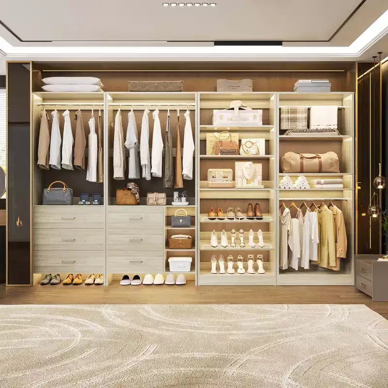 Besiost Lot de 4 systèmes de rangement pour placard avec tiroirs en bois, armoire autoportante de 264 cm avec porte-chaussures et tringles de suspension