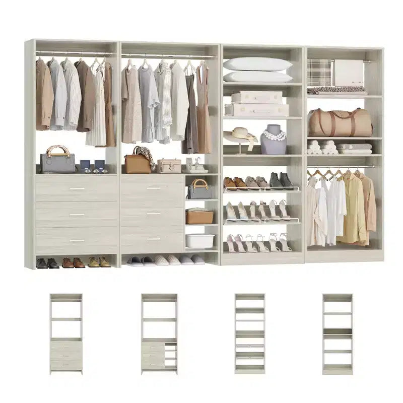 Besiost Lot de 4 systèmes de rangement pour placard avec tiroirs en bois, armoire autoportante de 264 cm avec porte-chaussures et tringles de suspension