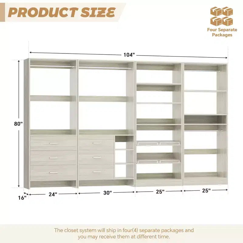 Besiost Lot de 4 systèmes de rangement pour placard avec tiroirs en bois, armoire autoportante de 264 cm avec porte-chaussures et tringles de suspension