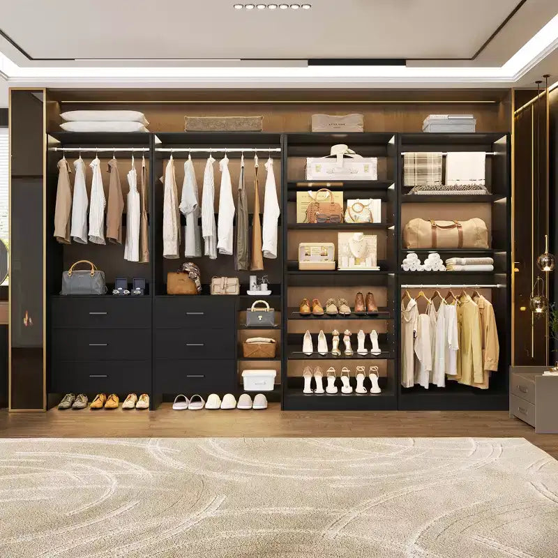 Besiost Lot de 4 systèmes de rangement pour placard avec tiroirs en bois, armoire autoportante de 264 cm avec porte-chaussures et tringles de suspension