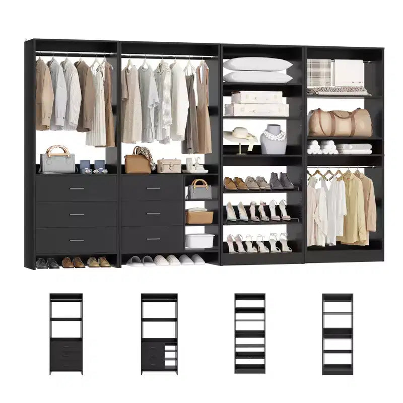 Besiost Lot de 4 systèmes de rangement pour placard avec tiroirs en bois, armoire autoportante de 264 cm avec porte-chaussures et tringles de suspension