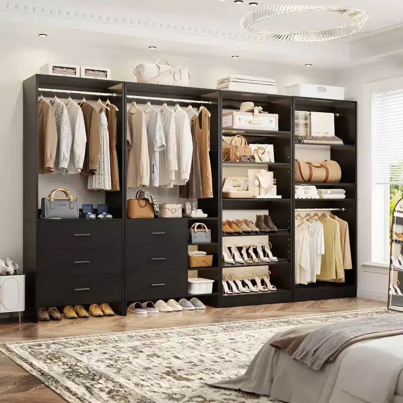 Besiost Lot de 4 systèmes de rangement pour placard avec tiroirs en bois, armoire autoportante de 264 cm avec porte-chaussures et tringles de suspension