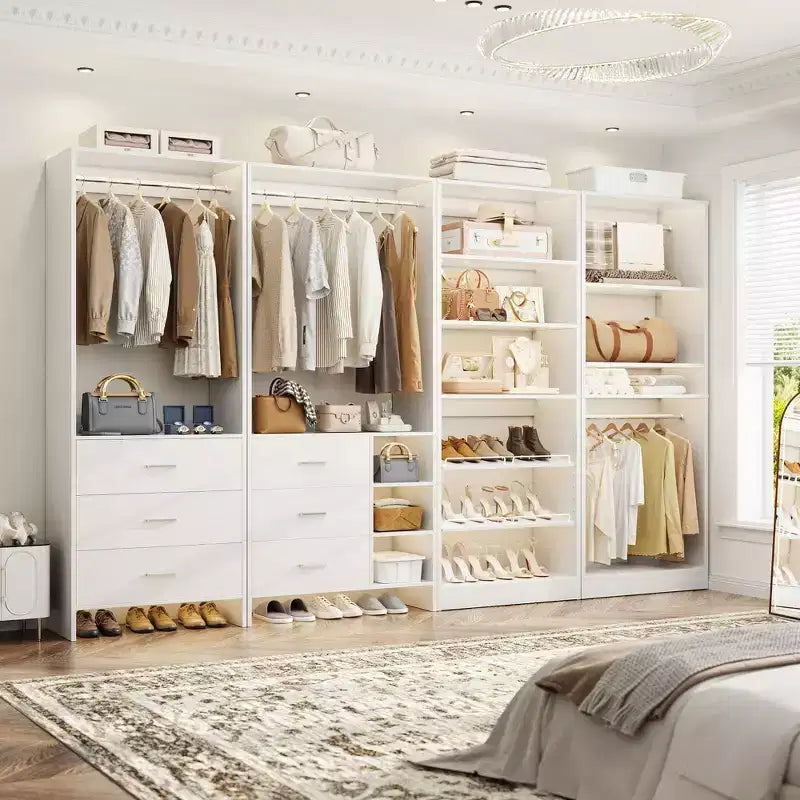 Besiost Lot de 4 systèmes de rangement pour placard avec tiroirs en bois, armoire autoportante de 264 cm avec porte-chaussures et tringles de suspension