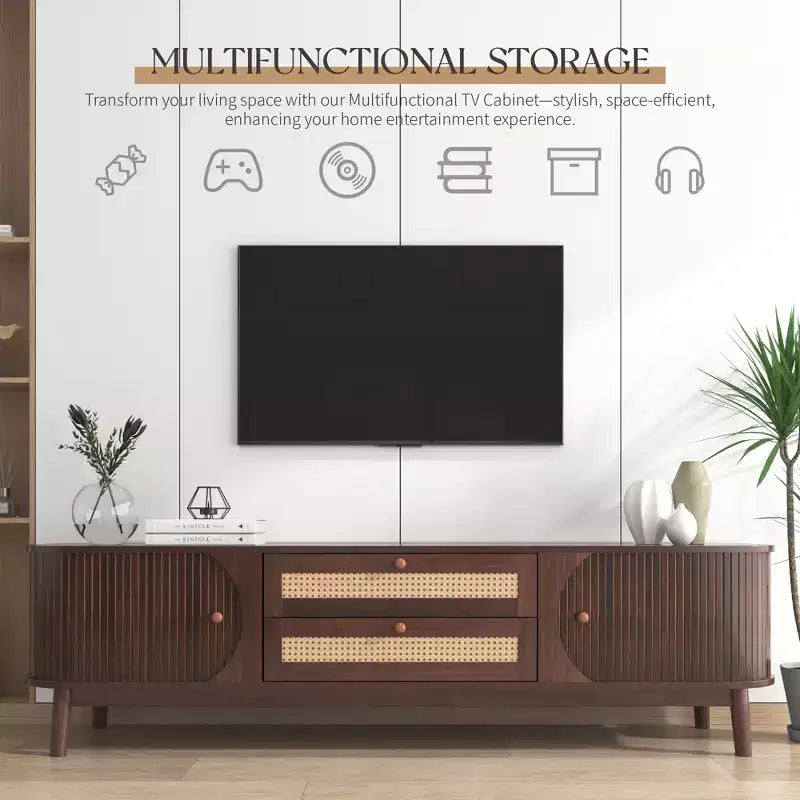 Meuble TV en rotin de style ferme moderne JVNOXK de 67 pouces, convient aux téléviseurs de 75 pouces ou moins, meuble de divertissement avec pieds en bois massif - Noyer