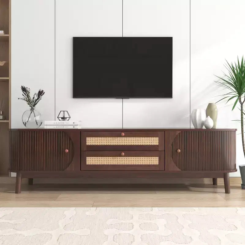 Meuble TV en rotin de style ferme moderne JVNOXK de 67 pouces, convient aux téléviseurs de 75 pouces ou moins, meuble de divertissement avec pieds en bois massif - Noyer