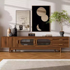 JVNOXK 78inch Entertainment Center Modern TV Stand with Built-in Glass Doors2 Drawers, Accommodates up to 80-inch TV, Solid Wood Legs -Walnut