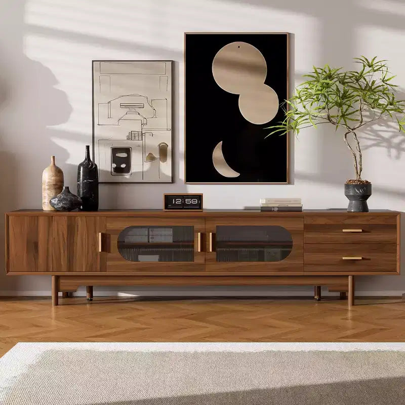 JVNOXK 78inch Entertainment Center Modern TV Stand with Built-in Glass Doors2 Drawers, Accommodates up to 80-inch TV, Solid Wood Legs -Walnut