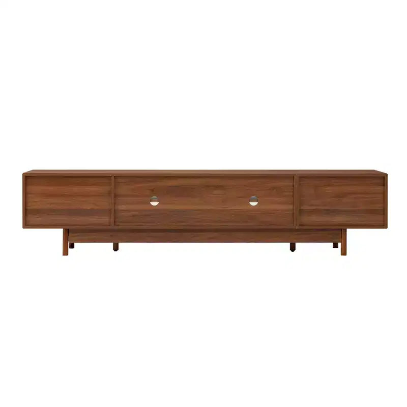 JVNOXK Meuble TV moderne de 78 pouces avec portes en verre intégrées, 2 tiroirs, pour téléviseurs jusqu'à 80 pouces, pieds en bois massif - Noyer
