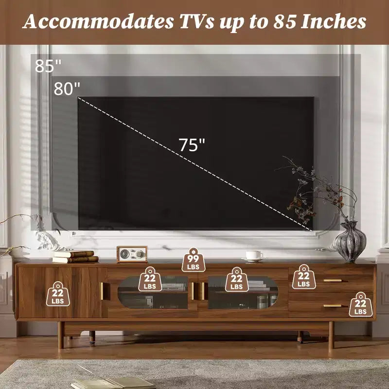 JVNOXK Meuble TV moderne de 78 pouces avec portes en verre intégrées, 2 tiroirs, pour téléviseurs jusqu'à 80 pouces, pieds en bois massif - Noyer