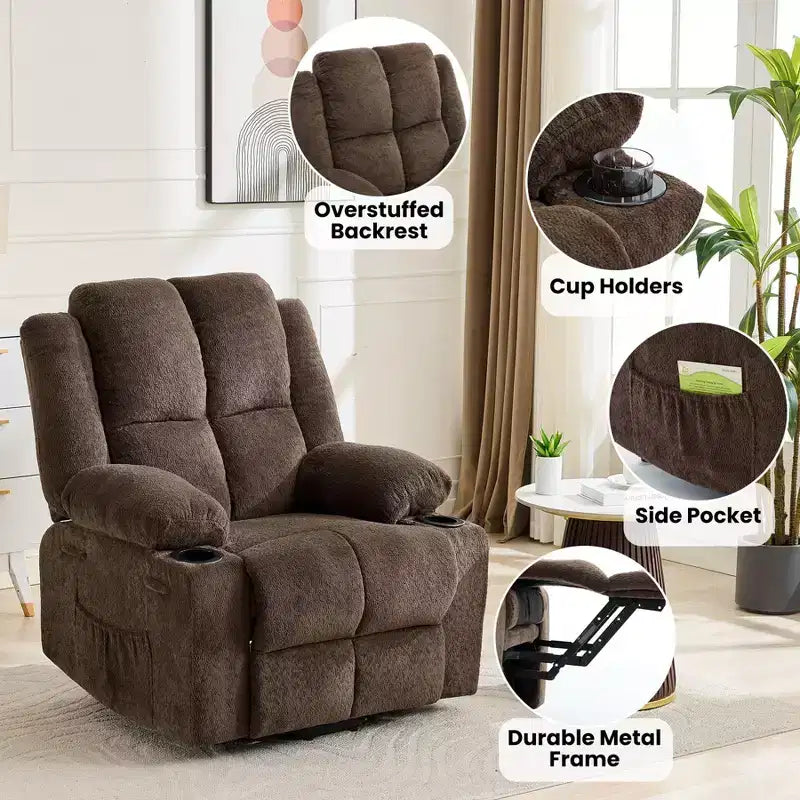 Fauteuil inclinable électrique GustoWave pour personnes âgées, fauteuil inclinable électrique surdimensionné avec massage, chauffage, position allongée, aide à la station debout, 2 porte-gobelets