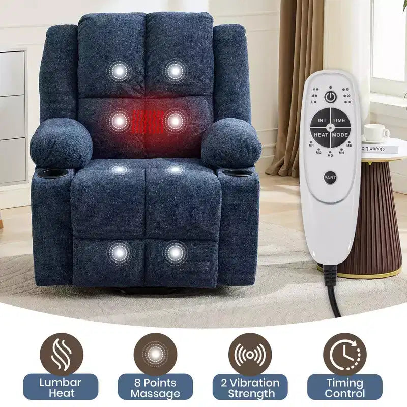 Fauteuil inclinable électrique GustoWave pour personnes âgées, fauteuil inclinable électrique surdimensionné avec massage, chauffage, position allongée, aide à la station debout, 2 porte-gobelets