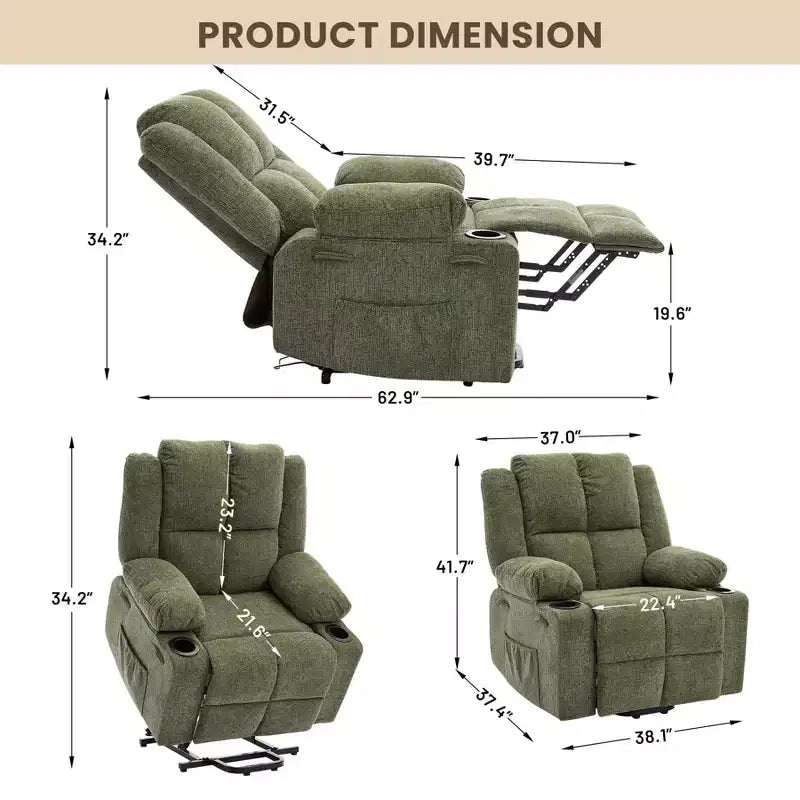 Fauteuil inclinable électrique GustoWave pour personnes âgées, fauteuil inclinable électrique surdimensionné avec massage, chauffage, position allongée, aide à la station debout, 2 porte-gobelets