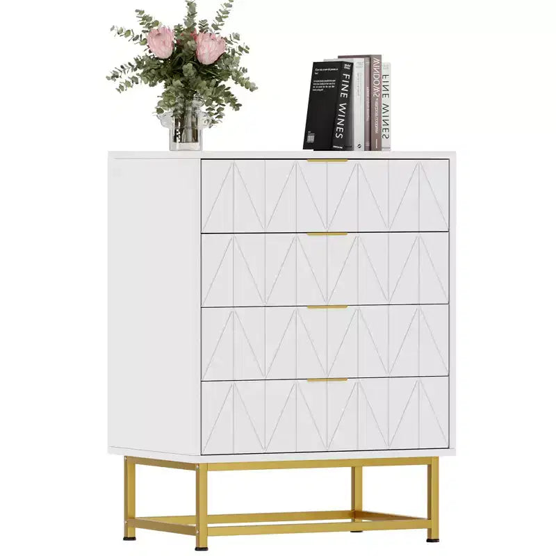 Commode de chambre à 4 tiroirs en bois, avec pieds en métal et poignée dorée, pour chambre à coucher, salon, couloir, entrée