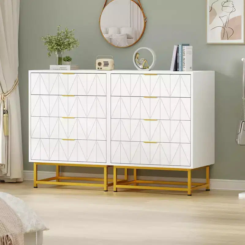 Commode de chambre à 4 tiroirs en bois, avec pieds en métal et poignée dorée, pour chambre à coucher, salon, couloir, entrée