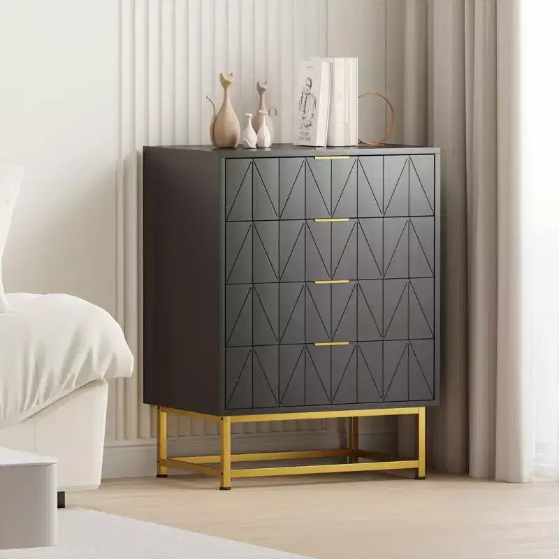 Commode de chambre à 4 tiroirs en bois, avec pieds en métal et poignée dorée, pour chambre à coucher, salon, couloir, entrée