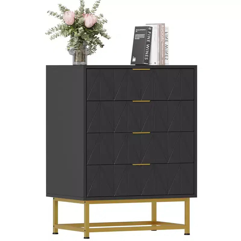Commode de chambre à 4 tiroirs en bois, avec pieds en métal et poignée dorée, pour chambre à coucher, salon, couloir, entrée