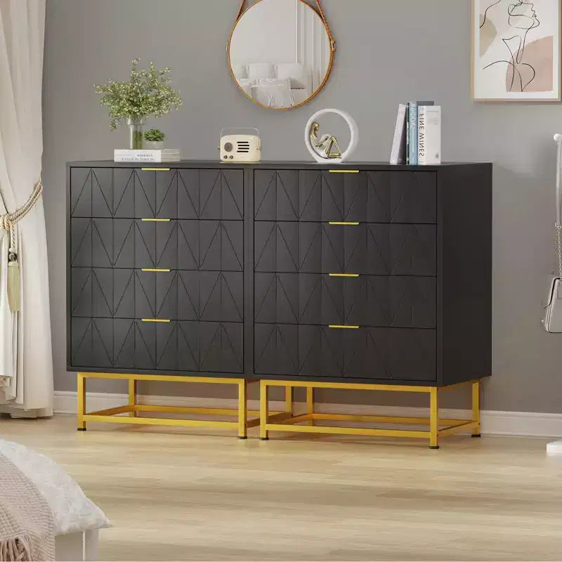 Commode de chambre à 4 tiroirs en bois, avec pieds en métal et poignée dorée, pour chambre à coucher, salon, couloir, entrée