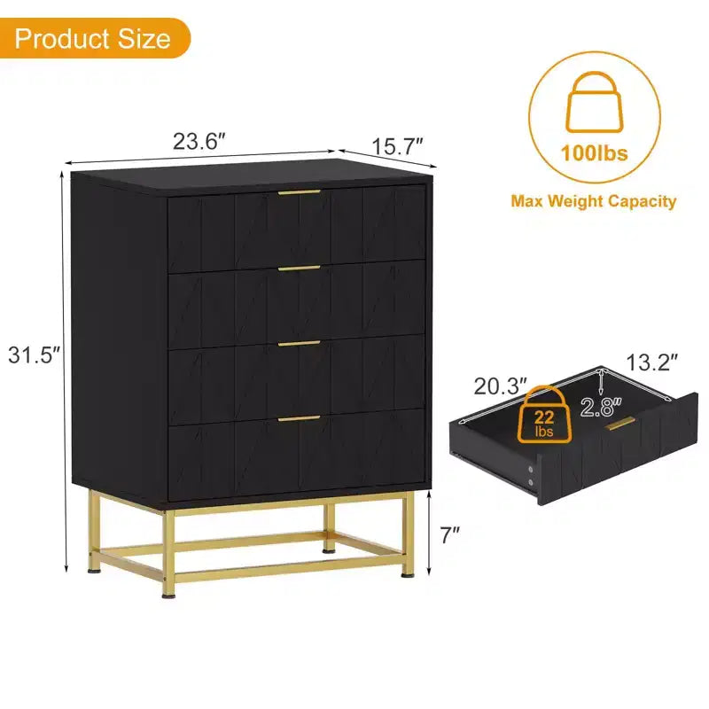 Commode de chambre à 4 tiroirs en bois, avec pieds en métal et poignée dorée, pour chambre à coucher, salon, couloir, entrée
