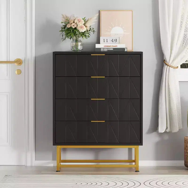 4 Drawer Wooden Bedroom Chest Cabinet, Chest of Drawers with Metal Legs & Gold Handle, for Bedroom, Living Room, Hallway, Entryway