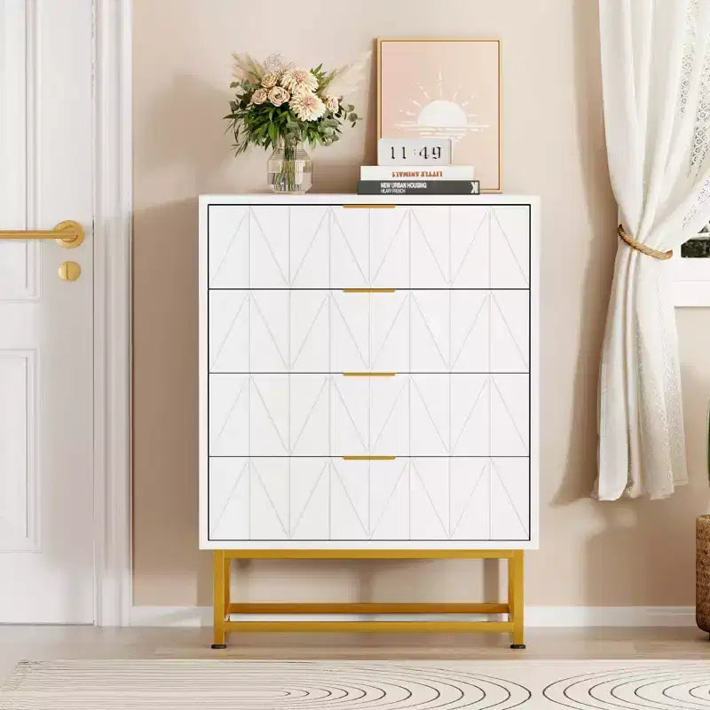 Commode de chambre à 4 tiroirs en bois, avec pieds en métal et poignée dorée, pour chambre à coucher, salon, couloir, entrée