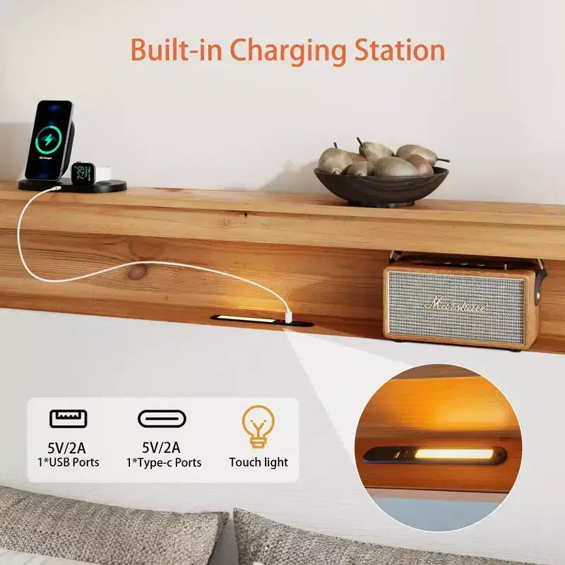Lit plateforme traditionnel en bois GDFStudio Miri avec tête de lit de rangement et éclairage LED