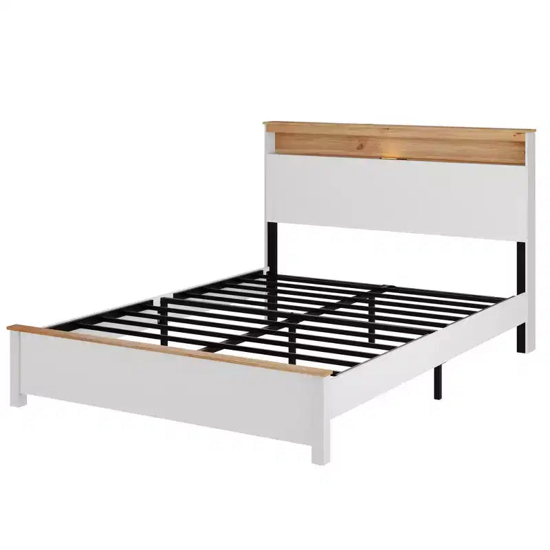 Lit plateforme traditionnel en bois GDFStudio Miri avec tête de lit de rangement et éclairage LED
