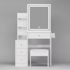 Coiffeuse, ensemble coiffeuse avec tabouret, miroir coulissant droit, étagères de rangement multicouches, 4 tiroirs, table de maquillage blanche