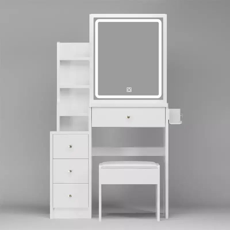 Coiffeuse, ensemble coiffeuse avec tabouret, miroir coulissant droit, étagères de rangement multicouches, 4 tiroirs, table de maquillage blanche