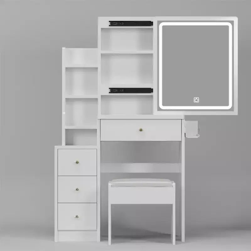 Coiffeuse, ensemble coiffeuse avec tabouret, miroir coulissant droit, étagères de rangement multicouches, 4 tiroirs, table de maquillage blanche